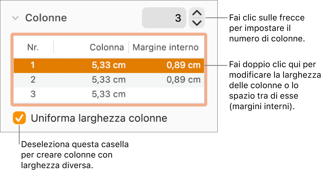Pannello Layout dell’inspector Formattazione con i controlli delle colonne.