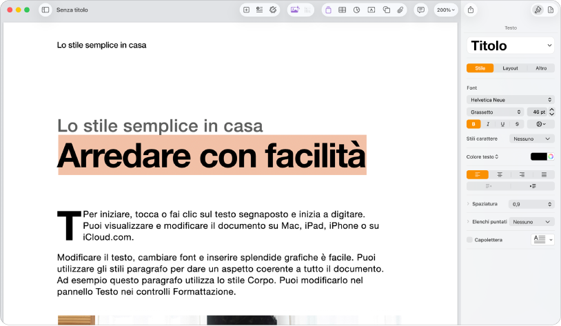 Documento aperto con la barra laterale formattazione aperta e il pannello testo selezionato.