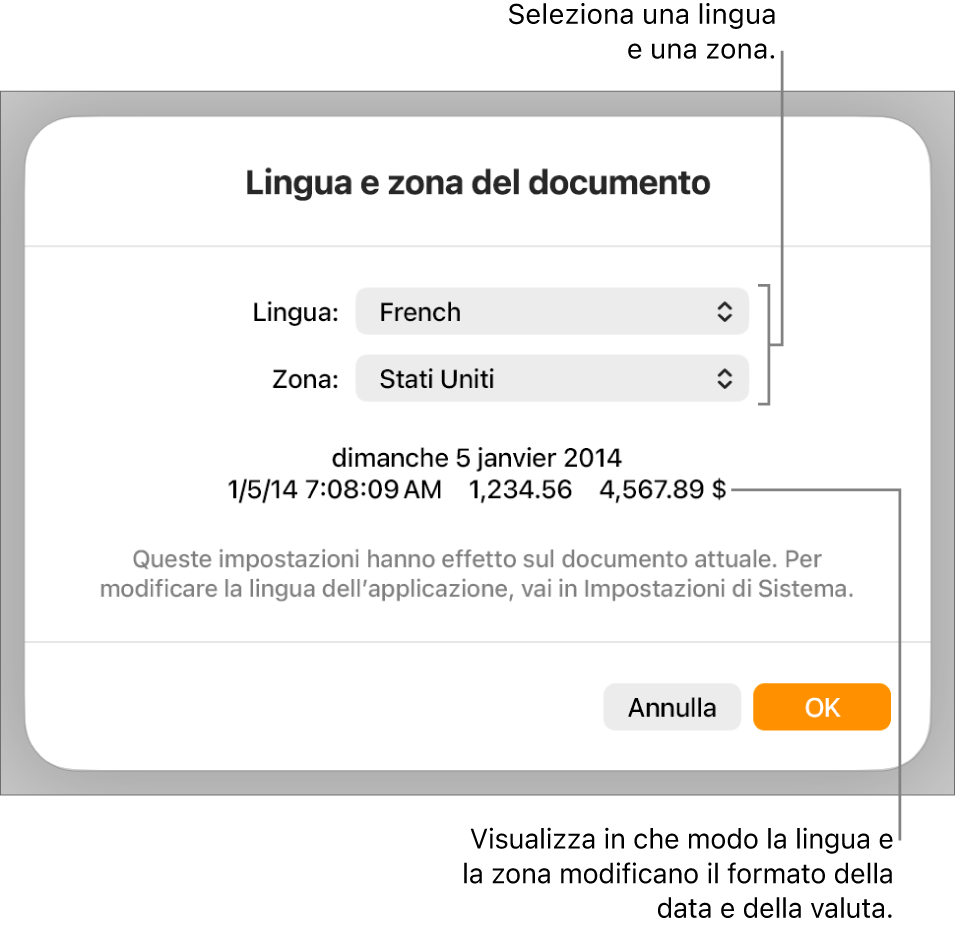 Il pannello “Lingua e zona” con i controlli per lingua e zona e un esempio di formato che include data, ora, numeri decimali e valuta.
