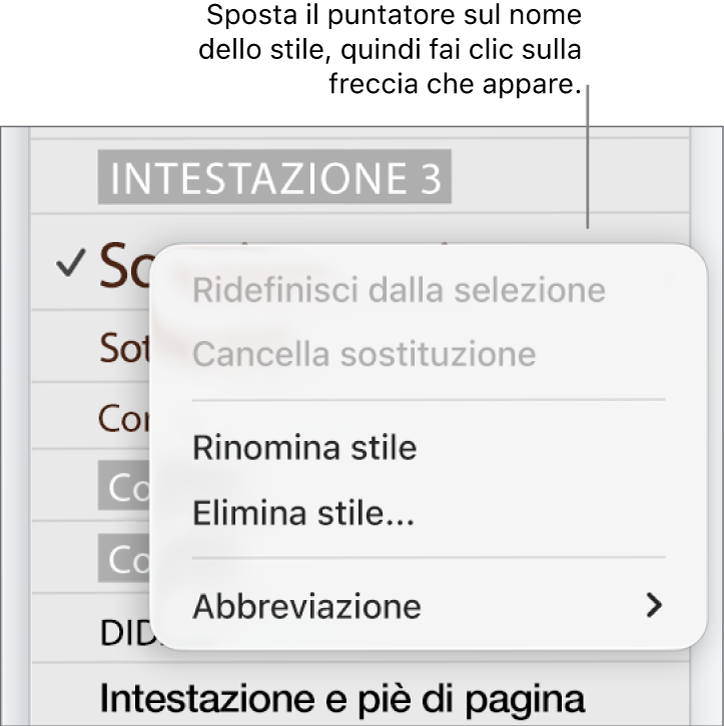Il menu “Stili Paragrafo” con il menu di scelta rapida aperto.