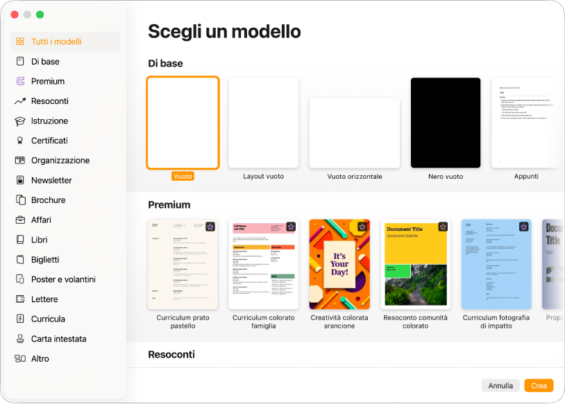 “Scelta modelli”. Una barra laterale sulla sinistra elenca le categorie di modelli su cui puoi fare clic per filtrare le opzioni. Sulla destra sono presenti miniature di modelli predefiniti disposti in file per categoria. Nell’angolo in basso a destra, sono visibili i pulsanti Annulla e Crea.