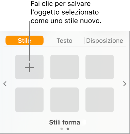 Pannello Stile della barra laterale Formato con il pulsante “Crea stile” nell’angolo superiore sinistro e cinque segnaposto di stile vuoti.