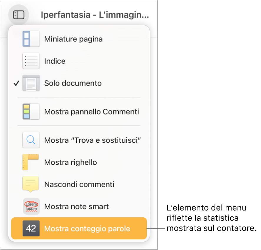 Il menu Vista aperto con “Mostra conteggio caratteri” nella parte inferiore.