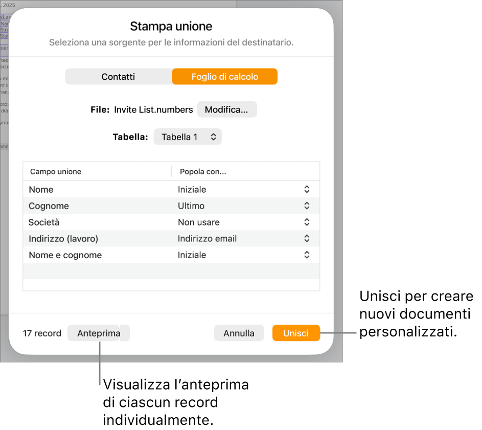Si apre il pannello “Stampa unione”, con le opzioni per modificare il file o la tabella di origine, visualizzare l’anteprima dei nomi dei campi unione o unire il documento.