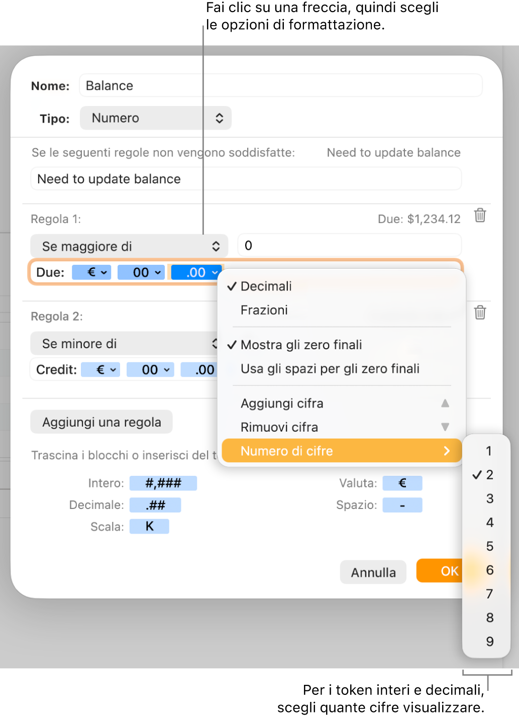 Finestra per la formattazione delle celle con controlli per scegliere opzioni di formattazione personalizzate.