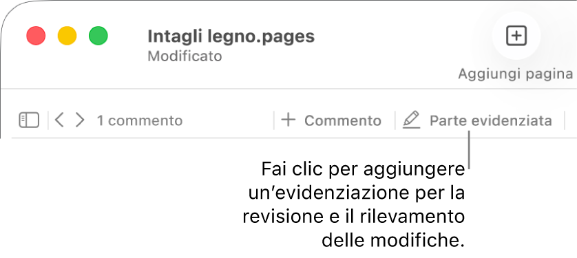 Barra dei menu con il menu Inserisci e sotto la barra strumenti di Pages con gli strumenti di revisione e una didascalia per il pulsante Evidenzia.