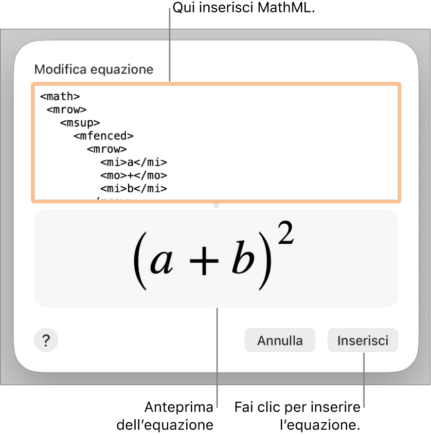 L’equazione del coefficiente angolare di una retta nel campo “Modifica equazione” e un’anteprima della formula sotto.