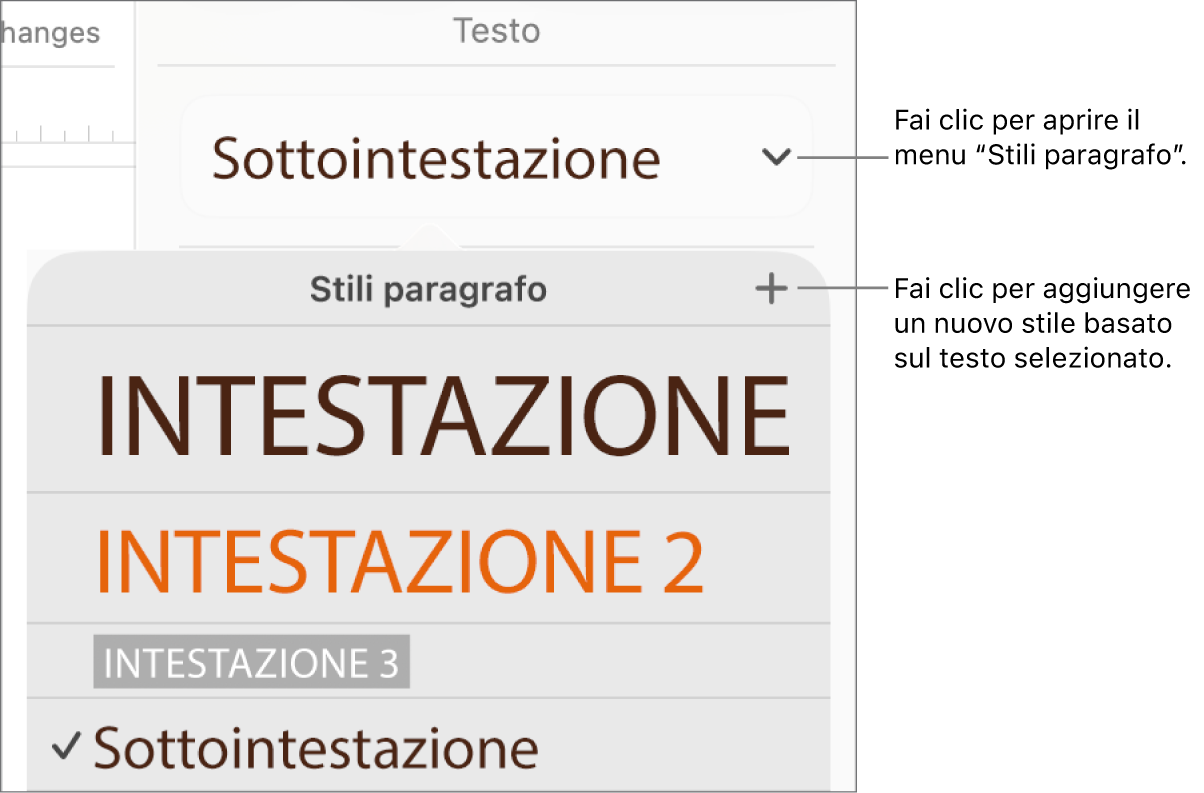 Il menu “Stili Paragrafo”, in cui vengono visualizzati i controlli per aggiungere o modificare uno stile.