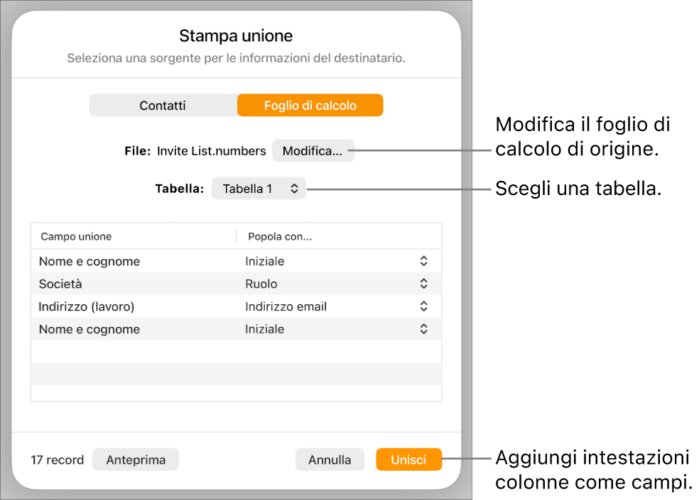 Si apre il riquadro “Anteprima campi unione”, con le opzioni per modificare il file o la tabella di origine, visualizzare l’anteprima dei nomi dei campi unione o aggiungere le intestazioni delle colonne come campi.