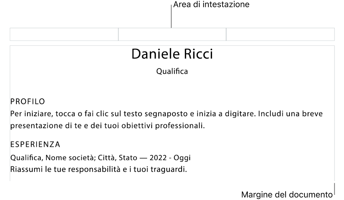 Vista layout che mostra l’area di intestazione e i margini del documento.