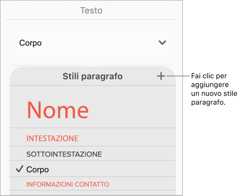 Il menu “Stili paragrafo” con una didascalia del pulsante “Nuovo stile”.