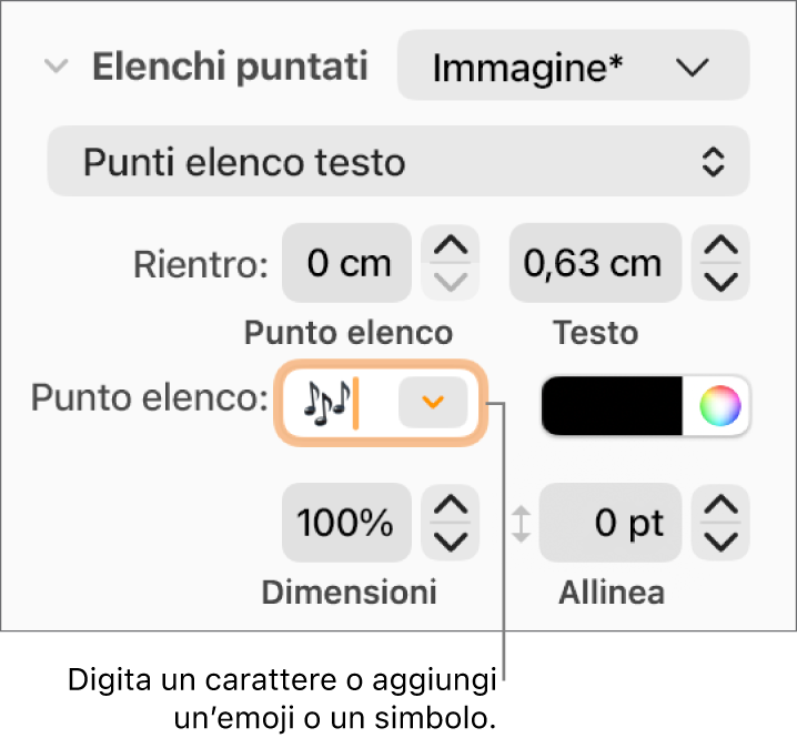 La sezione “Elenchi puntati” della barra laterale Formato. Nel campo “Punto elenco” viene visualizzata l’emoji di un fiore.