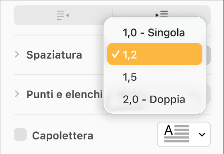 Menu a comparsa Spaziatura con Singola, Doppia e altre opzioni.