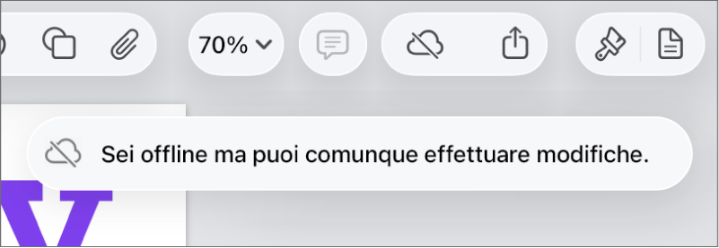 I pulsanti nella parte superiore dello schermo con il pulsante Collaborazione che si trasforma in una nuvola attraversata da una linea in trasversale. Un avviso sullo schermo dice “Non sei in linea ma puoi comunque effettuare modifiche.”