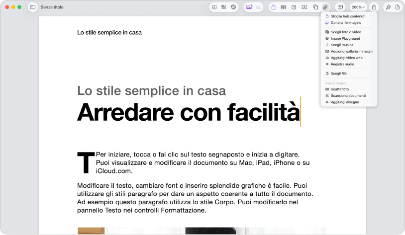 Documento aperto con il menu Aggiungi media aperto.