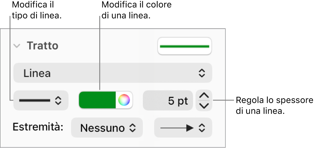 Controlli per il tratto, per impostare i punti finali, lo spessore della linea e il colore.