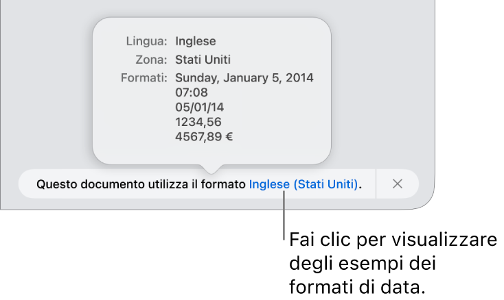 La notifica della diversa impostazione di lingua e zona, con esempi dei formati.