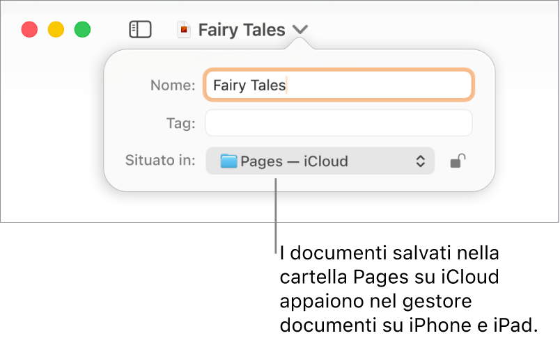 Finestra di dialogo Salva per un documento con “Pages - iCloud” nel menu a comparsa Dove.