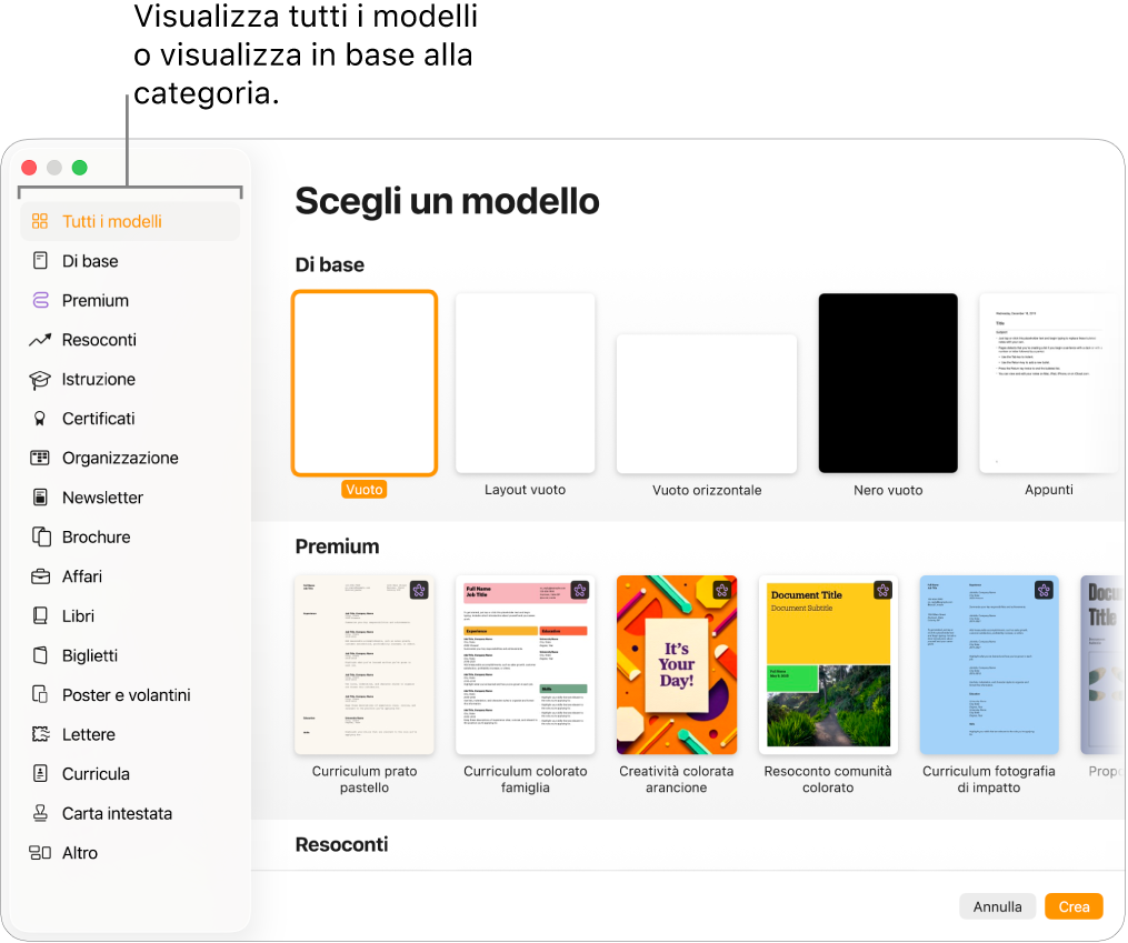 “Scelta modelli”. Una barra laterale sulla sinistra elenca le categorie di modelli su cui puoi fare clic per filtrare le opzioni. Sulla destra ci sono delle miniature di modelli con design predefinito disposte in riga per categoria, a partire da “Di base” in cima e seguite da Resoconti e Libri (con orientamento verticale). Nell’angolo in basso a destra, sono visibili i pulsanti Annulla e Crea.