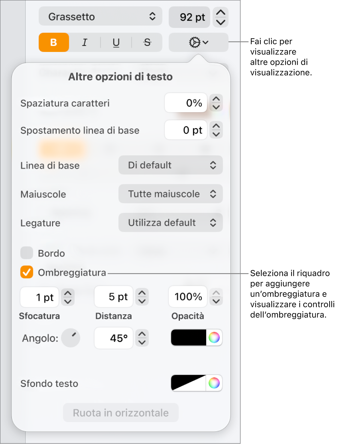 Il menu Opzioni avanzate aperto con il riquadro Ombre selezionato e i controlli per impostare la sfocatura, l’offset, l’opacità, l’angolazione e il colore.
