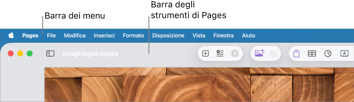 Barra dei menu nella parte superiore dello schermo con i menu Apple, Pages, File, Modifica, Inserisci, Formato, Disposizione, Visualizza, Finestra e Aiuto. Sotto la barra dei menu si trova un documento di Pages aperto con i pulsanti della barra strumenti nella parte superiore Visualizza, Ridimensiona, Aggiungi Pagina, Inserisci, Tabella, Grafico, Testo, Forma, Multimedia e Commento.