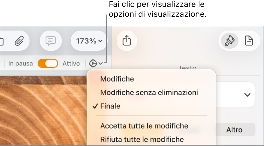 Menu delle opzioni di revisione con Evidenziato, “Evidenziato senza eliminazioni” e Finale.