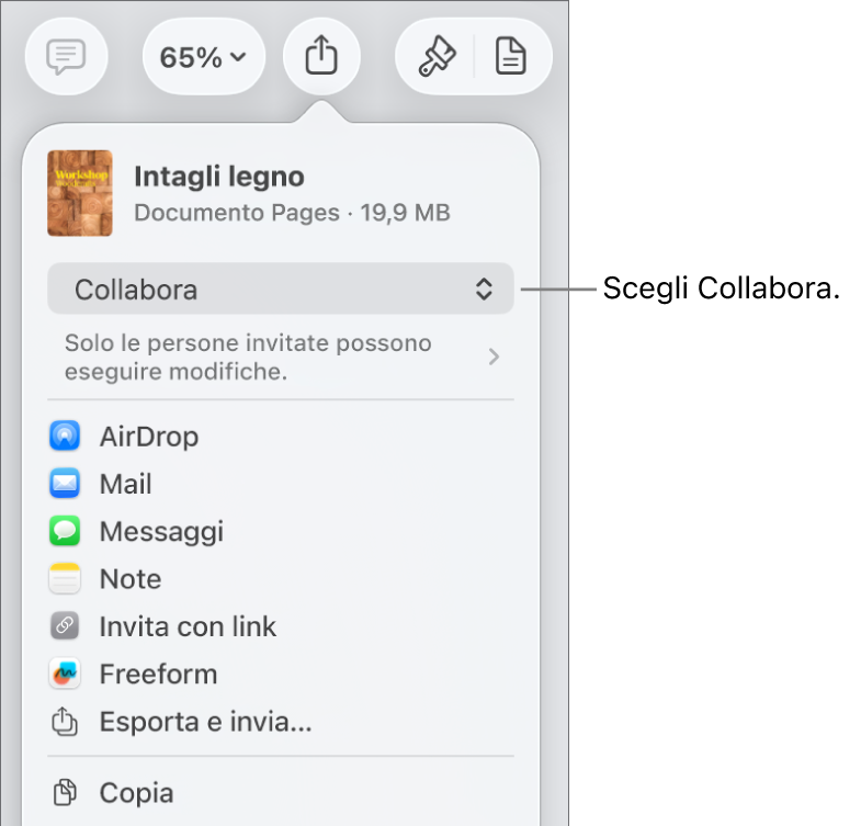 Il menu di condivisone con l’opzione Collabora selezionata in alto e le impostazioni di accesso e dei permessi sotto.