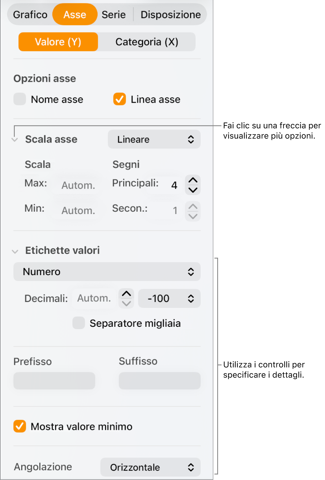 Controlli per la formattazione dei segni di graduazione dell’asse del grafico.
