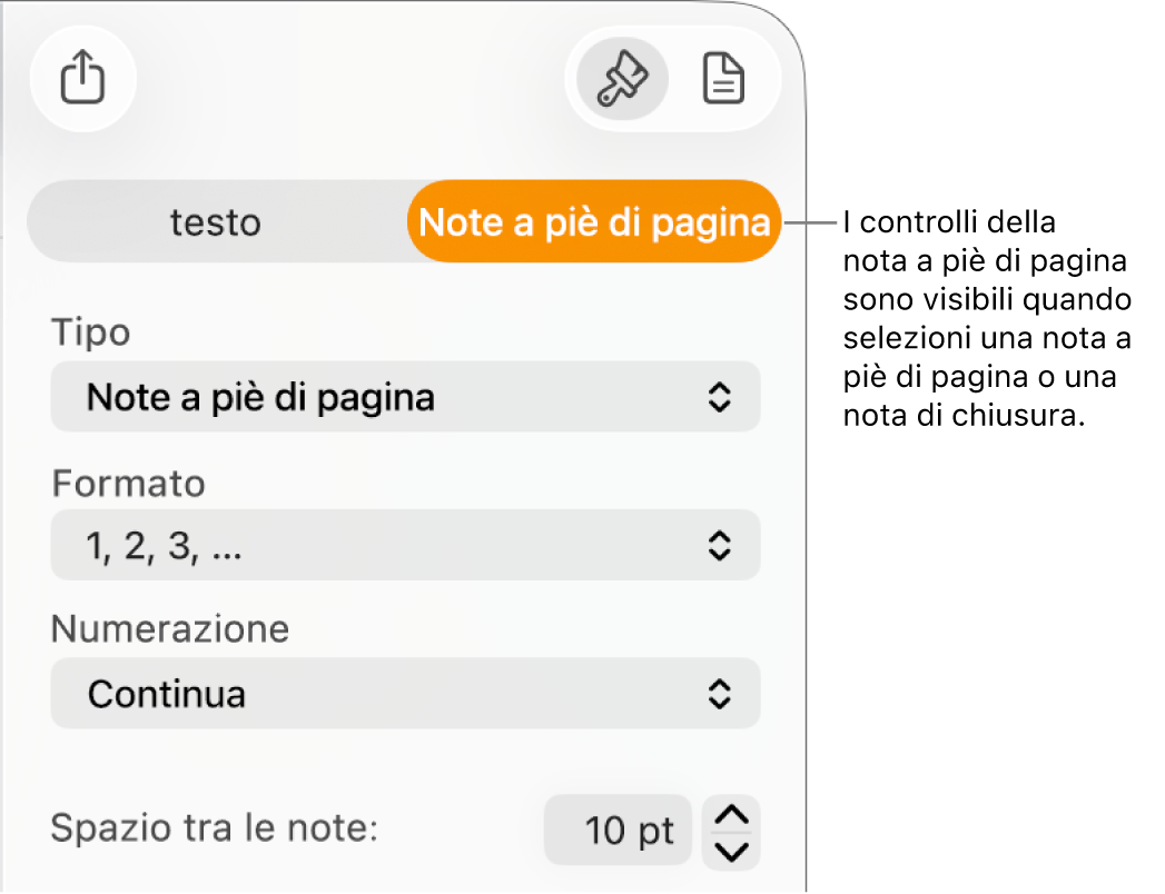Pannello “Note a piè di pagina” con i menu a comparsa Tipo, Formato, Numerazione e “Spazio tra le note”.