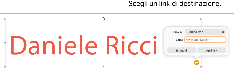 I controlli dell’editor dei link con la pagina web selezionata e con i pulsanti per rimuovere o aprire il link mostrati in basso.
