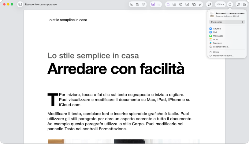 Documento aperto con il menu dii condivisione aperto.