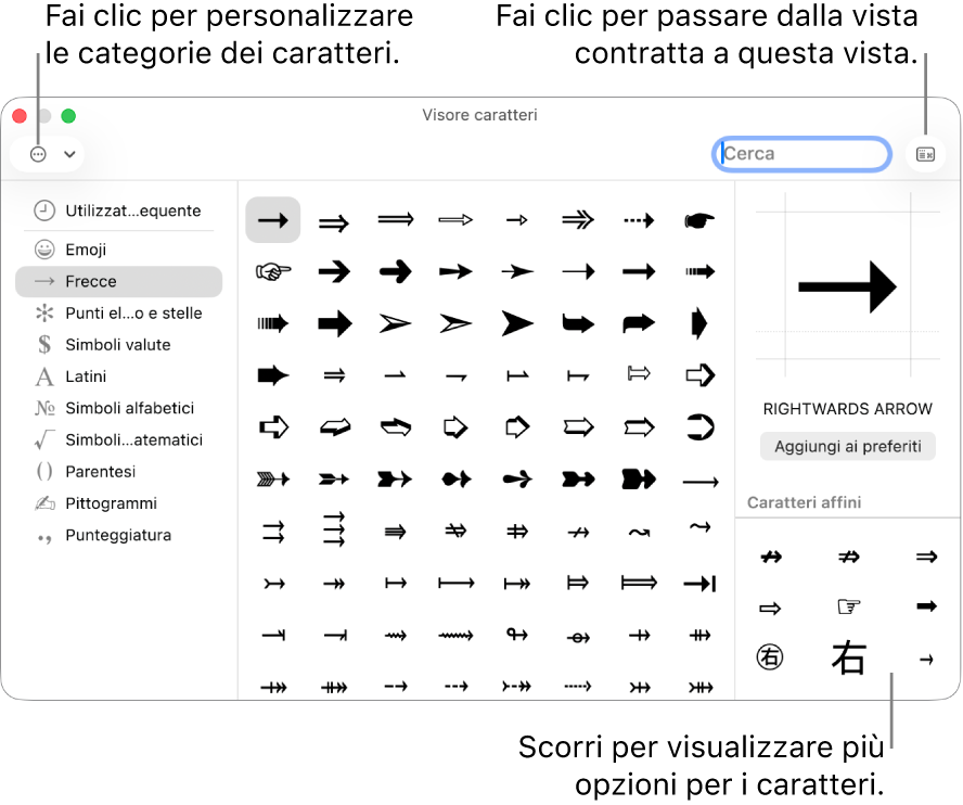 Il visore caratteri espanso mostra caratteri speciali e simboli, un menu per le diverse categorie di simboli sulla sinistra e un pulsante nell’angolo in alto a destra che consente di tornare alla visualizzazione ridotta.
