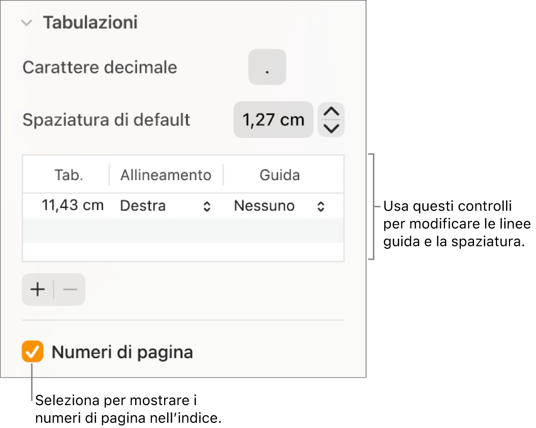 La sezione Tabulazioni della barra laterale Formattazione. Sotto a “Spaziatura di default” è presente una tabella con le colonne Tab., Allineamento e Guida. Un riquadro “Numeri di pagina” è selezionato e compare sotto alla tabella.