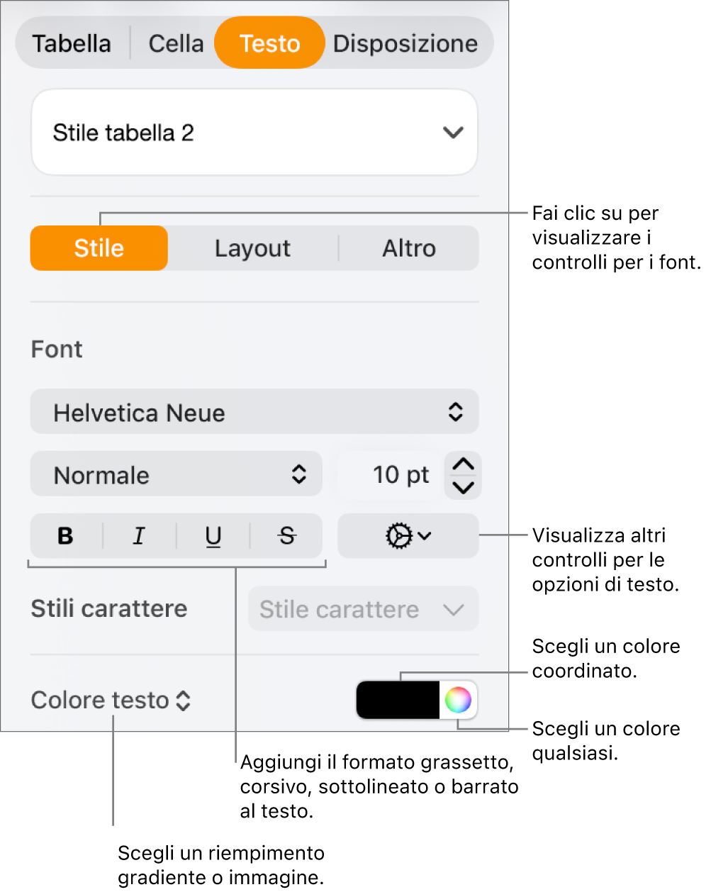 Controlli per lo stile del testo della tabella.