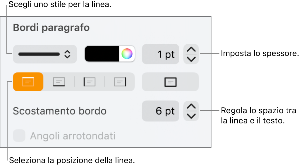 Controlli per modificare lo stile, lo spessore, la posizione e il colore della linea.