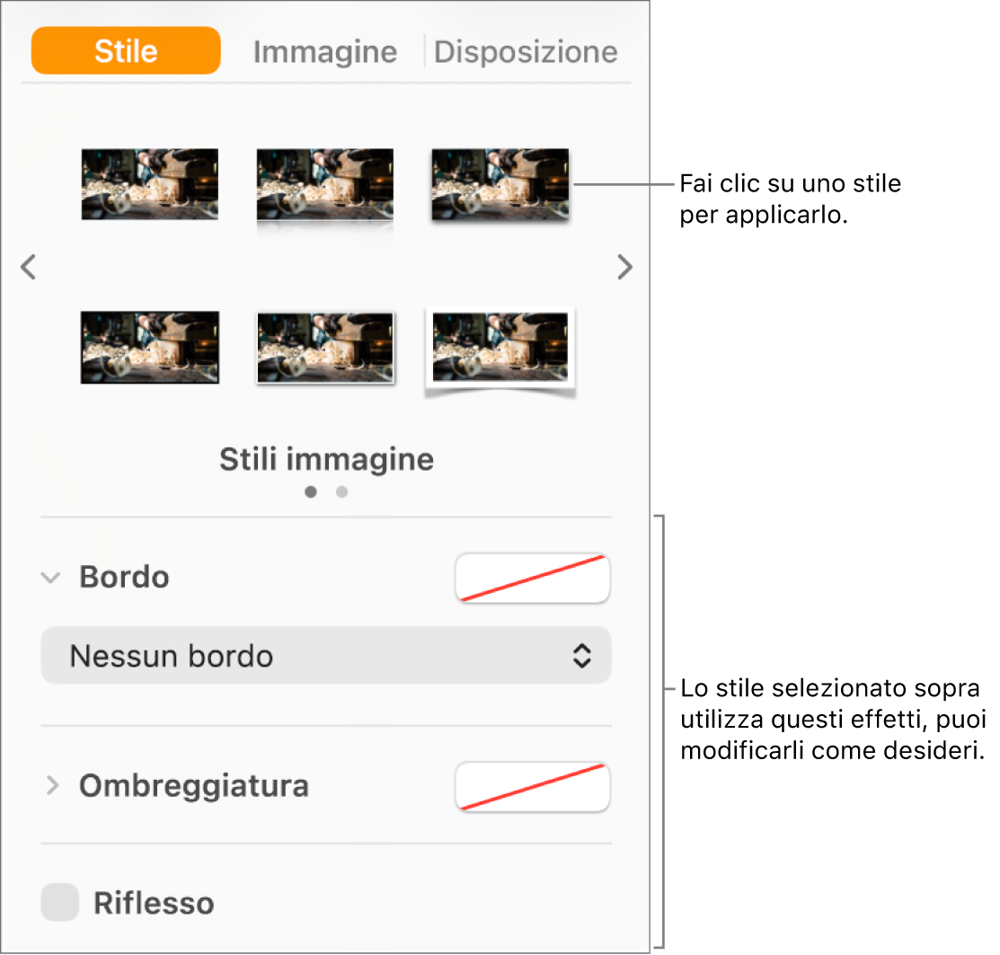 Pannello Stile della barra laterale Formattazione che mostra le opzioni relative allo stile dell’oggetto.