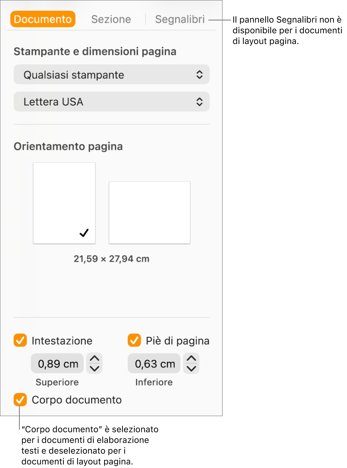 La barra laterale Formattazione, con i pannelli Documento, Sezione e Segnalibri nella parte superiore. Il pannello Documento è selezionato e una didascalia del pannello Segnalibri indica che i documenti di layout pagina non dispongono di un pannello Segnalibri. Il riquadro “Corpo documento” è selezionato, che indica anche che si tratta di un documento di elaborazione di testo.