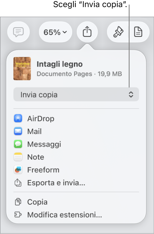 Il menu Condividi con l’opzione “Invia copia” selezionata in alto.