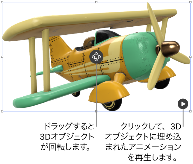 3Dオブジェクト。中央に回転ボタン、右下隅に再生ボタンがあります。