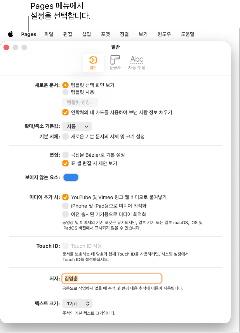 Pages 설정 패널에서 일반 탭이 열려 있음.