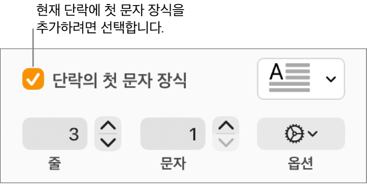 ‘단락의 첫 문자 장식’ 체크상자가 선택되어 있고 그 오른쪽에 팝업 메뉴가 나타남. 그 아래에는 줄 높이, 문자 수 및 기타 옵션을 설정하는 제어기가 있음.