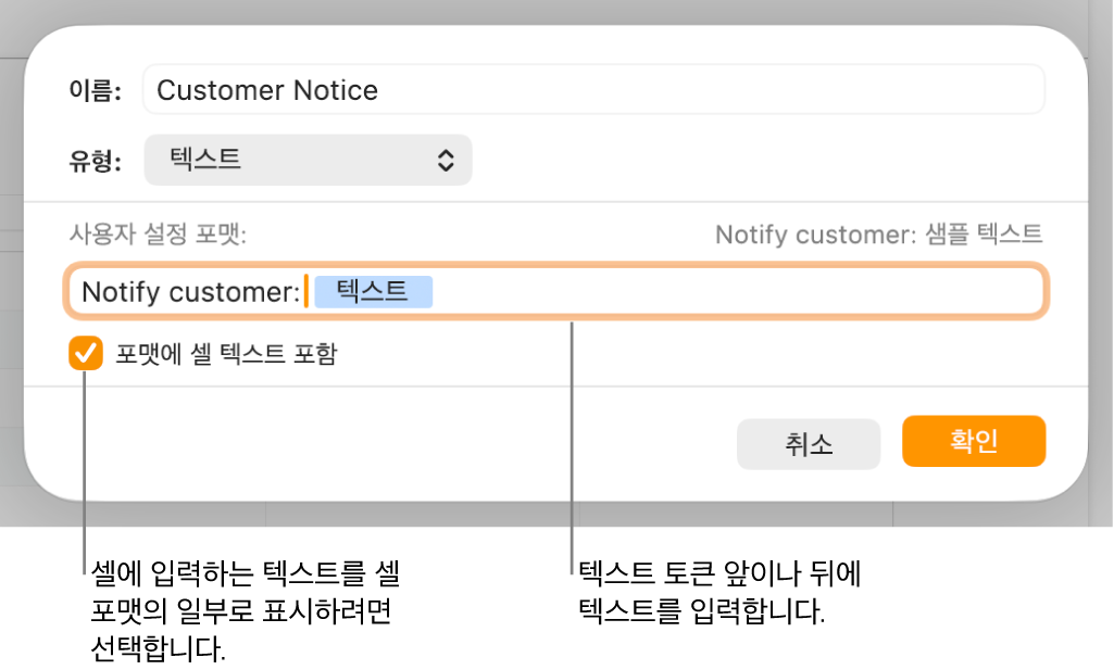 사용자 설정 텍스트 포맷을 선택하기 위한 제어기가 있는 사용자 설정 셀 포맷 윈도우.