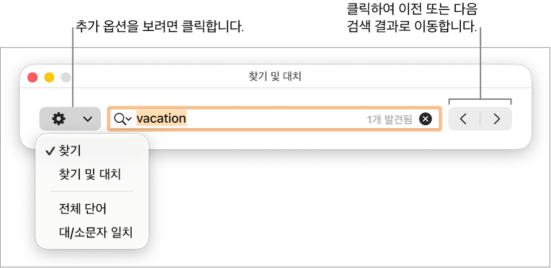 찾기, 찾기 및 대치, 전체 단어 및 대/소문자 일치 옵션을 보여주는 팝업 메뉴가 있는 찾기 및 대치 윈도우. 오른쪽의 화살표는 이전 또는 다음 검색 결과로 이동할 수 있게 해줍니다.