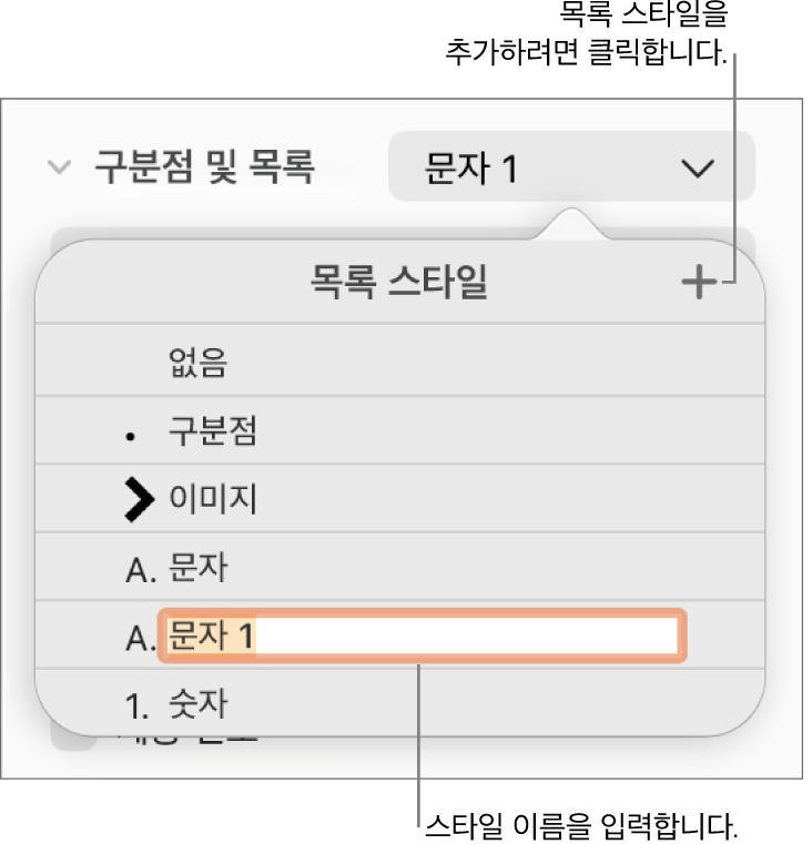 오른쪽 상단 모서리에 추가 버튼이 있는 목록 스타일 팝업 메뉴와 텍스트가 선택된 위치 지정자 스타일 이름.