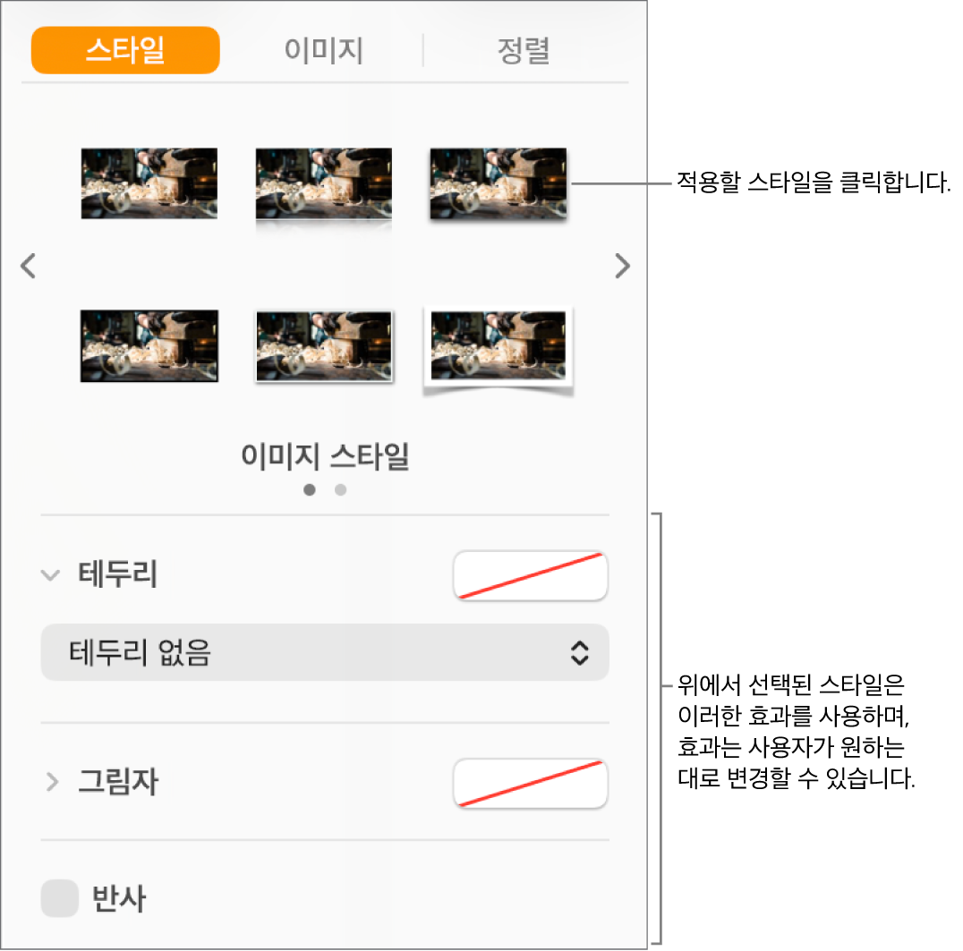 대상체 스타일 옵션을 보여주는 포맷 사이드바의 스타일 탭.