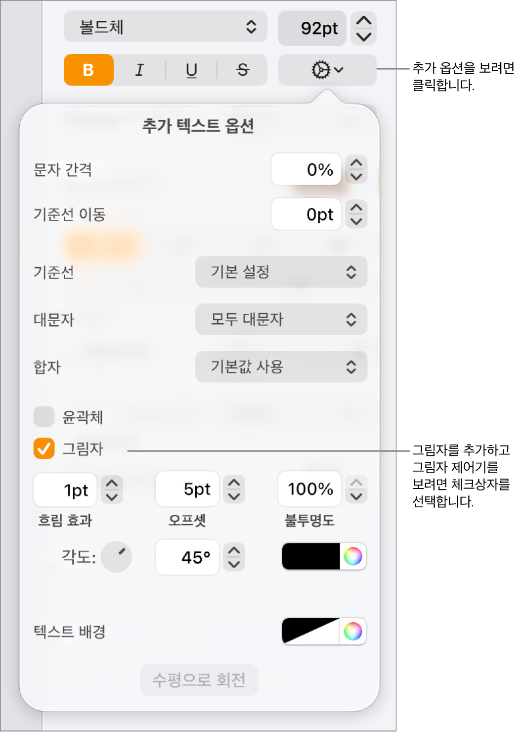 그림자 체크상자가 선택되어 있고, 흐림 효과, 오프셋, 불투명도, 각도 및 색상을 조정하는 제어기가 열려 있는 고급 옵션 메뉴.