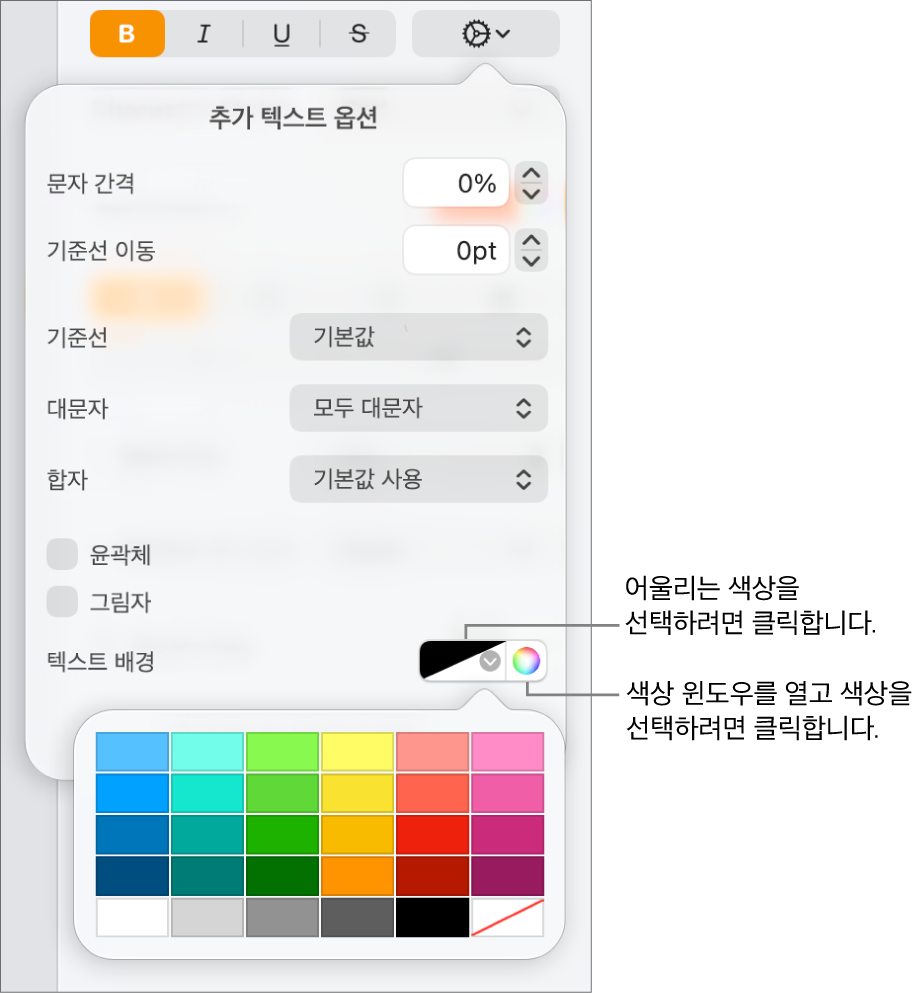 텍스트의 배경 색상 선택을 위한 제어기.