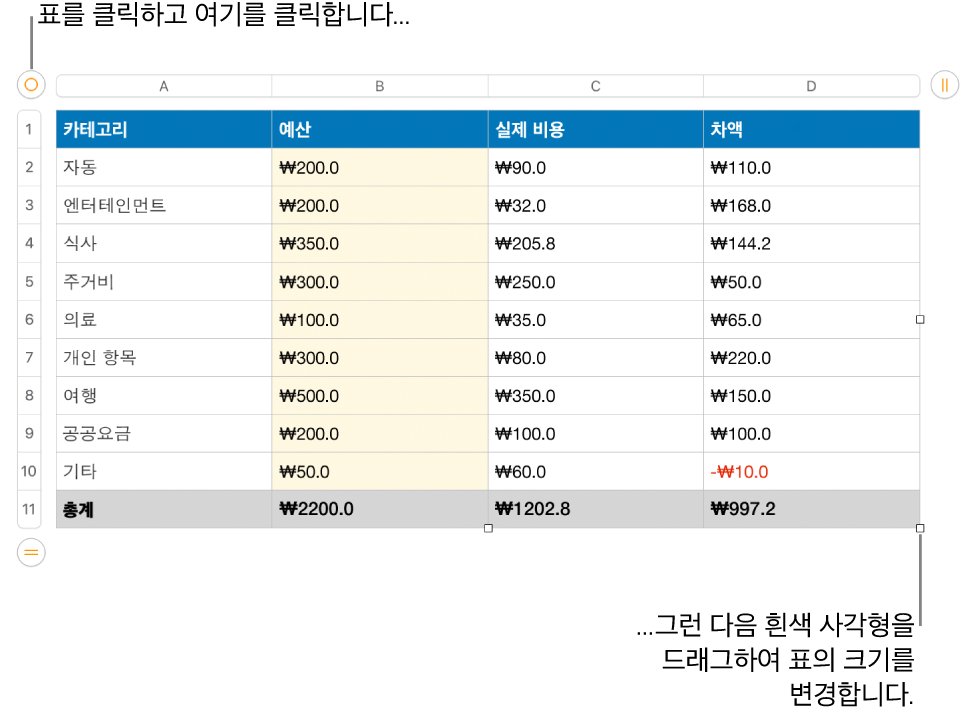 크기 조절용 흰색 사각형이 있고 선택되어 있는 표.