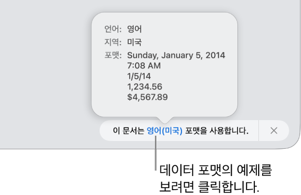 해당 언어 및 지역 포맷의 예제가 표시된 다른 언어 및 지역 설정 알림입니다.