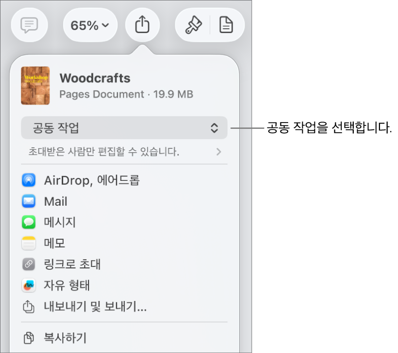 상단에 공동 작업이 선택되어 있는 공유 메뉴가 있고, 그 아래에는 접근 및 권한 설정이 있음.